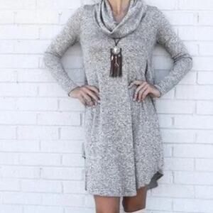 Nine Britton Cowl Neck Hacci Knit Dress Women's L Gray Long Sleeve Short Dress